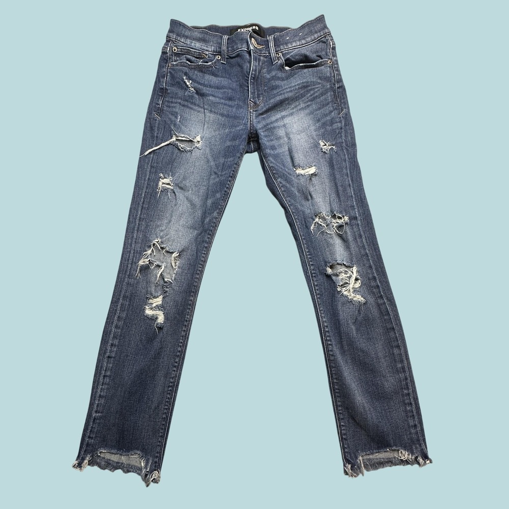 Express Jeans Womens 4R Skinny Ankle Mid Rise Blue Distressed Ripped Raw Hem